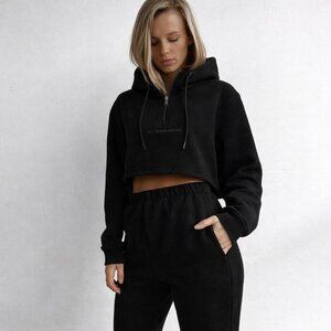 The A.T.G All Things Golden Black Cropped Hoodie Half Zip Sweatshirt Small